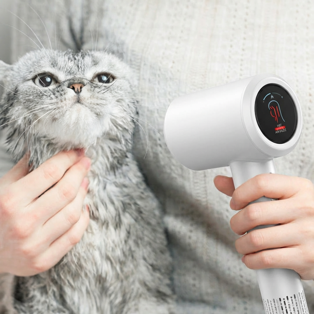 Frissigt hår och lång föning, snabb rutin med tyst hårtork.